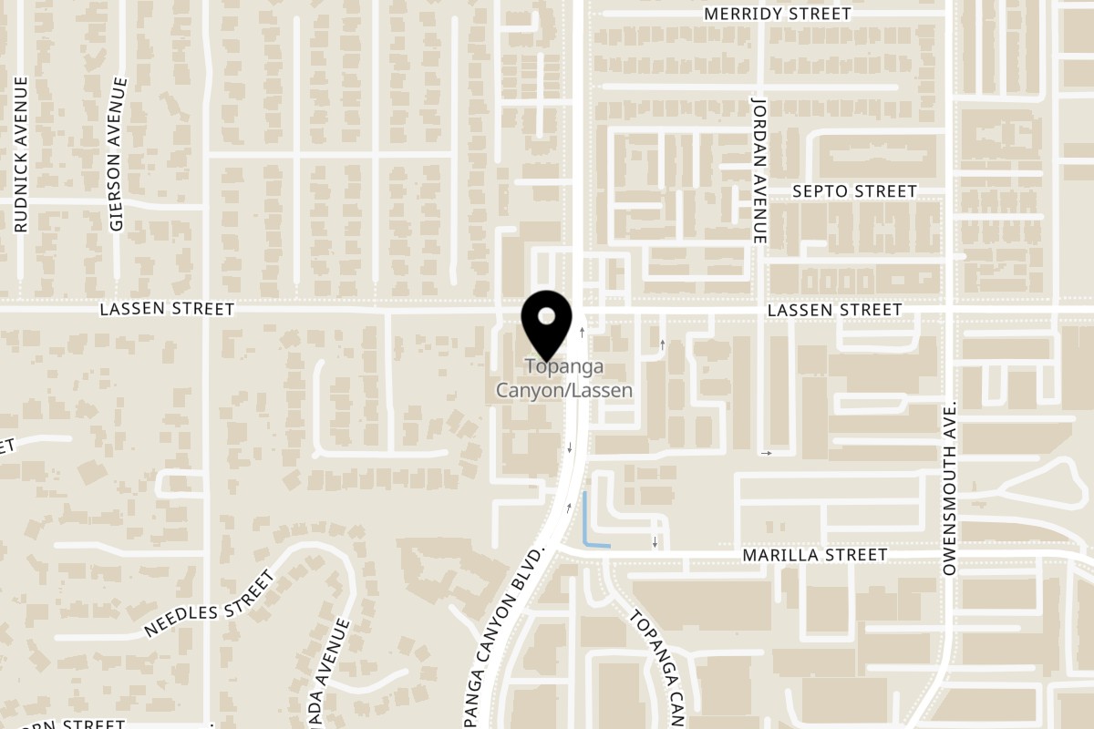 Map showing the location of Uncle Ernie's Pizza on 9841 Topanga Canyon Blvd in Chatsworth